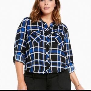 Torrid Plaid Challis Camp Shirt Black Blue 2x